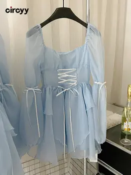 Платье для женщин Платья Мини Голубое Летнее С Квадратным воротником и длинным рукавом на шнуровке из сетчатой ткани с высокой талией Для вечеринок для девочек Vestidos 2023
