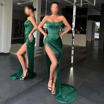 Платье с разрезом до бедра, сексуальные атласные складки без рукавов, пояс-спагетти, зеленые вечерние платья