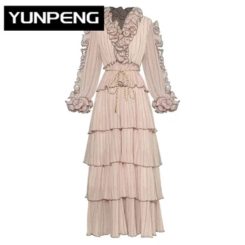 Платья для женщин 2023, Элегантное высококачественное осеннее длинное платье с V-образным вырезом и рукавами-фонариками, 3D каскадными оборками, розовое вечернее платье на шнуровке, Длинное платье для вечеринки.