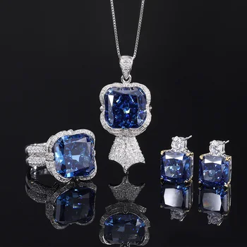 подлинный люксовый бренд real jewels Tiktok S925 серебро углерод бриллиант королевский синий принцесса квадратный темперамент роскошный костюм главный камень