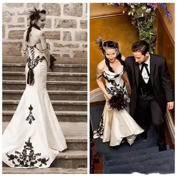 Ретро Черно-белые свадебные платья Русалки С черными кружевными аппликациями, Готические Длинные атласные свадебные платья с корсетом больших размеров vestido