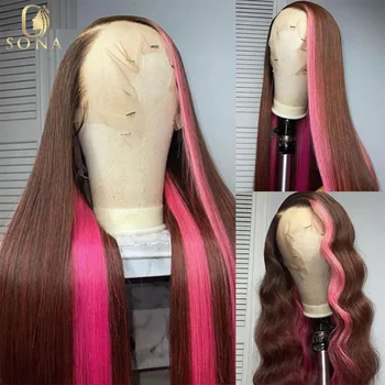 Розово-коричневый парик с мелированием человеческих волос 13X4 Кружевной парик в полоску 13X6 HD Прозрачный кружевной парик для женщин 30 дюймов