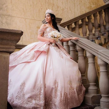 Розовое Бальное платье Принцессы С открытыми плечами, Пышные Платья 2023, Кружевное Милое Платье С аппликацией 15 16, Vestido De Quinceañera На шнуровке