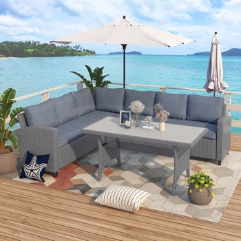 Садовая мебель для патио, плетеный набор для разговора из ротанга, Всепогодный секционный диван со столом и мягкими подушками