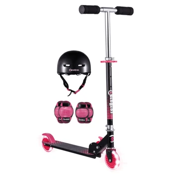 Самокат для девочек с 2 колесами Light up Wheel с подходящим Абс-шлемом и защитным снаряжением - розовый и черный
