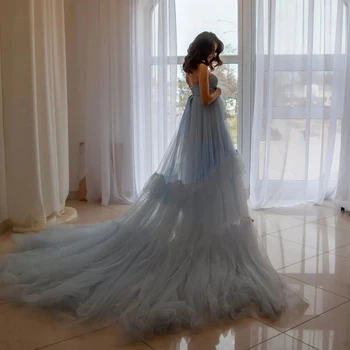 Свадебная обертка Blue Empire Элегантные Тюлевые платья для беременных Фотография Платье для фотосессии со шлейфом в виде возлюбленной на заказ