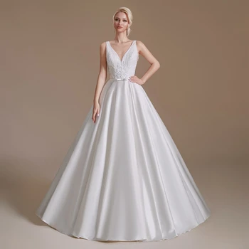Свадебное платье Popodion с широким подолом, простое сексуальное свадебное платье с V-образным вырезом и средней талией, облегающее свадебное платье Bride Dresses Bu10073
