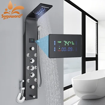 Светодиодный смеситель для душа с индикацией градусов по Фаренгейту и гидромассажем со струйным душем с дождевой насадкой Настенное крепление Душевая система для ванной комнаты