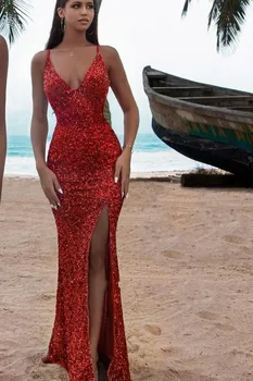 Сексуальные красные пляжные платья русалки для выпускного вечера, длинные для женщин, большие размеры, V-образный вырез, драпировка с разрезом по бокам, длина до пола, вечерние платья для вечеринок