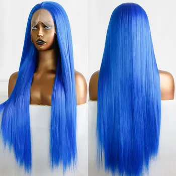 Синтетический парик на кружеве Небесно-голубого цвета, длинные шелковистые прямые волосы из термостойкого волокна с естественным пробором посередине для женских париков