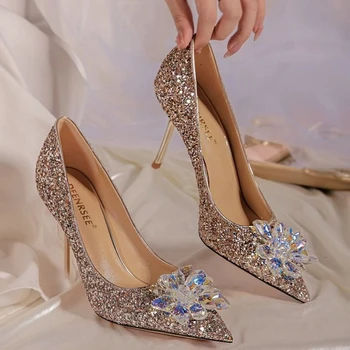 Туфли Золушки на высоком каблуке со стразами, женские туфли-лодочки, женские свадебные туфли с острым носком, украшенные кристаллами, для женщин, туфли на тонком каблуке
