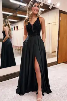 Черное длинное вечернее платье трапециевидной формы с новым рукавом и V-образным вырезом, расшитое блестками и бисером, вечернее платье для выпускного вечера с разрезом сбоку