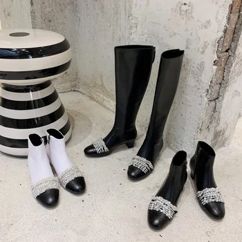 Черные сапоги, модные длинные сапоги с жемчужной цепочкой на щиколотке, дизайнерские сапоги до колена, массивные мотоциклетные ботинки для женщин, Bottine Femme Talon
