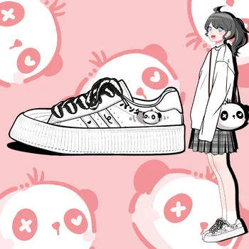 Эми и Майкл, прекрасная обувь с изображением аниме-панды, студенческие повседневные спортивные теннисные туфли, женские кроссовки, белые кроссовки с низким верхом.