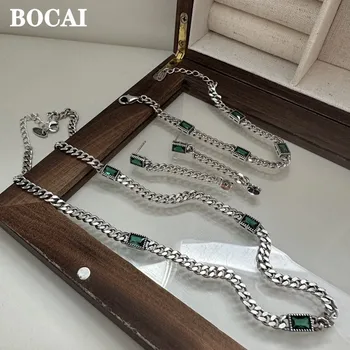 Аксессуары для ювелирных изделий из серебра BOCAI Real S925 Модный Зеленый Циркон Винтажная цепочка для ключиц Изысканное женское ожерелье Браслет
