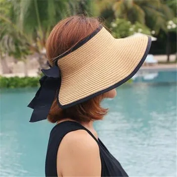 Весенне-летняя шляпа топлесс с эластичным бантом, летняя женская пляжная шляпа с открытыми верхними полями, защищающая от солнца