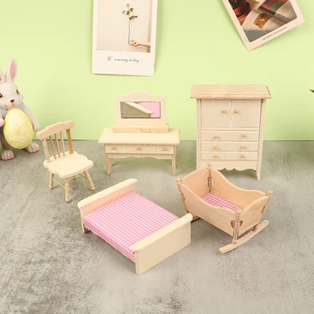 Кукольный домик 1: 12, деревянная миниатюрная кроватка-колыбель, Комод, стул, шкаф, модель мебели, аксессуары для спальни своими руками
