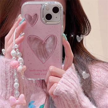 Милый розовый чехол с подвеской в виде сердечка с бантом для iphone 14 12 13 Pro Max 11, Япония, Корея, для девушки, прекрасное зеркало для макияжа, мягкая обложка для основы