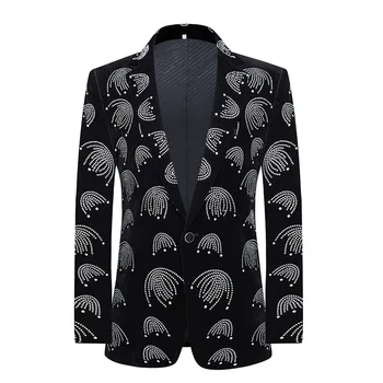 Мужской черный бархатный пиджак на одной пуговице, Роскошный смокинг с бриллиантами, блейзер, мужской костюм для ужина, Свадебный костюм певца на сцене, Homme