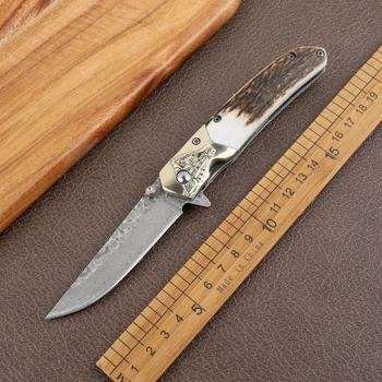 Наружный карманный клинок из дамасской стали, рога, тактический охотничий инструмент EDC для кемпинга, многофункциональный складной нож для фруктов