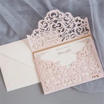 Сердечно приглашающие- светло-розовые классические приглашения на свадьбу, вырезанные лазером, с блестящей подкладкой, полые приглашения на бал.
