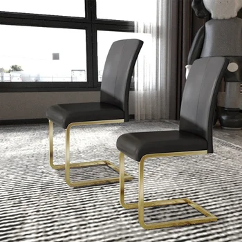Современный домашний обеденный стул, обитый черной кожей, с золотыми ножками, комплект из 2