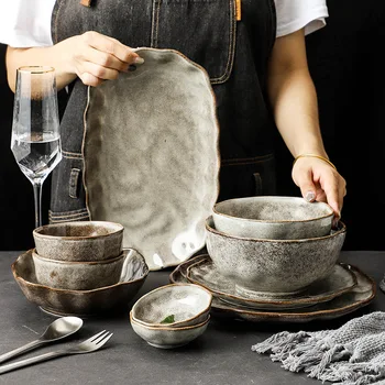 Японская посуда LingAo в стиле ретро, креативная тарелка, тарелка для пасты, салатница, тарелка из старой глины